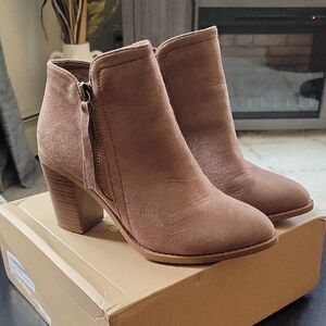 Suede Side-Zip Ankle Booties in Taupe